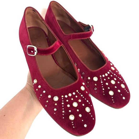 Le Monde Beryl Shoes - Le Monde Beryl Red Velvet Ballet Mary Jane Shoes with sunburst crystal EU 41